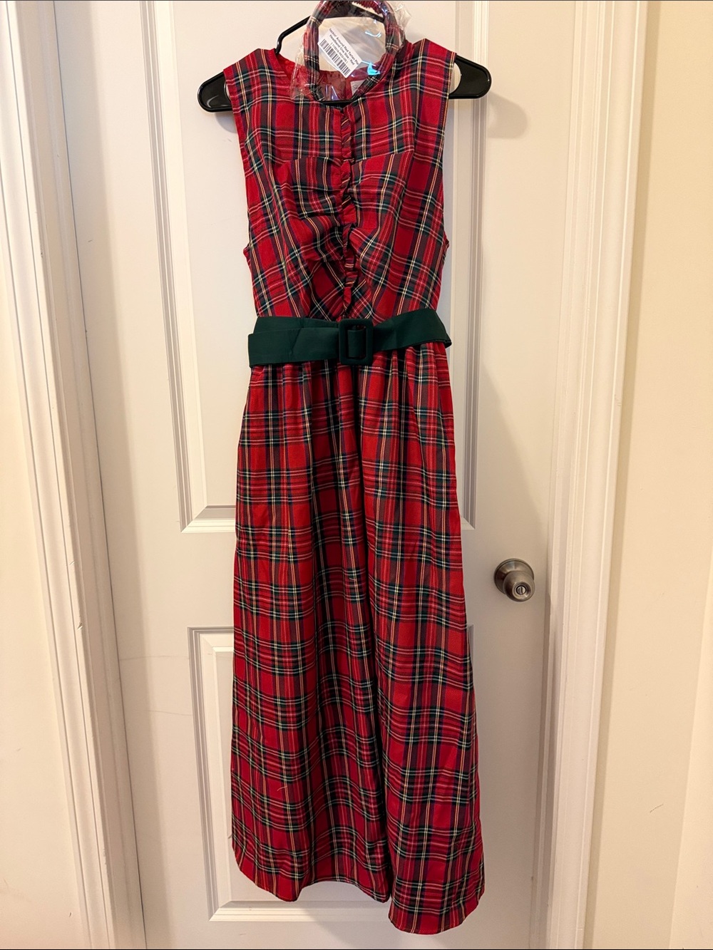 Red Plaid Maxi Dress with Green Belt and matching Headband